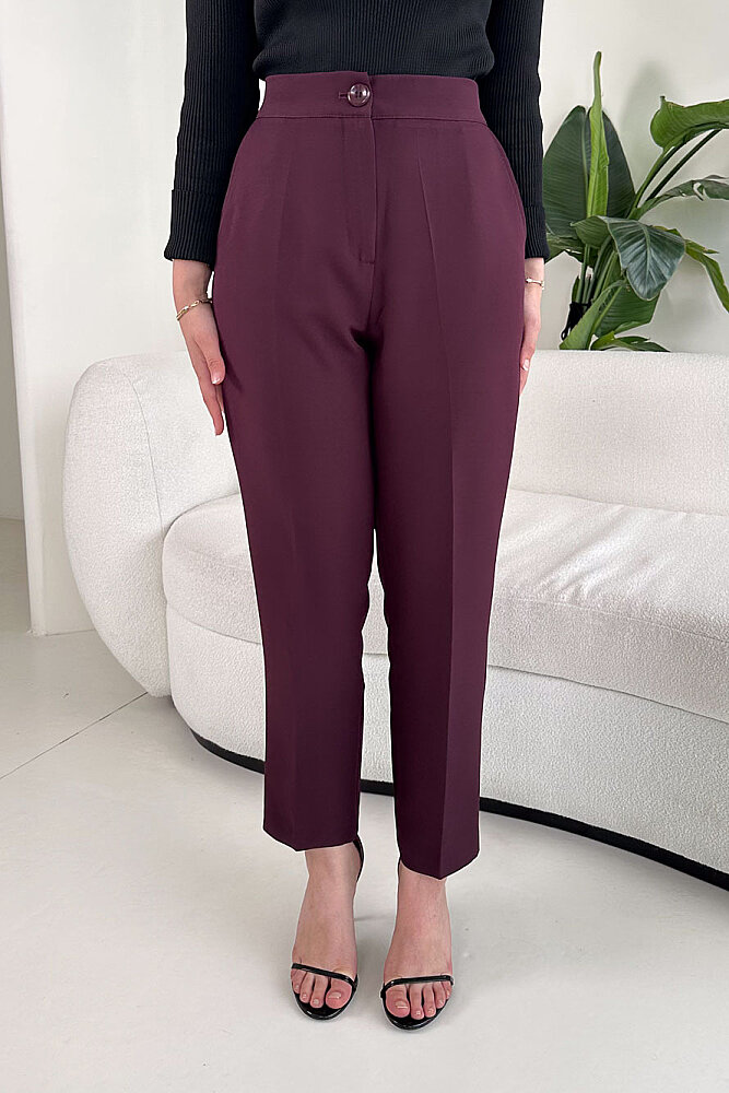 Beli Lastikli Krep Pantolon - Bordo - 4
