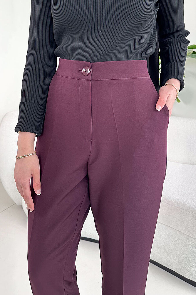 Beli Lastikli Krep Pantolon - Bordo - 2