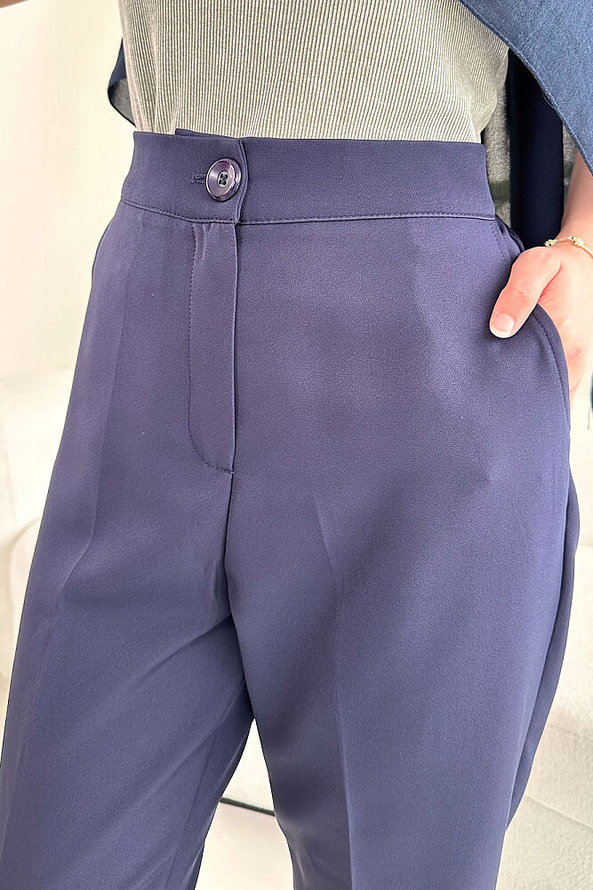 Beli Lastikli Krep Pantolon - Lacivert - PUANE (1)