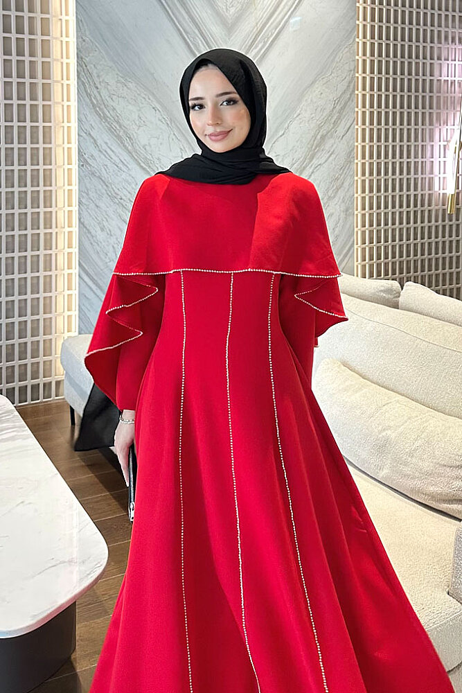 Bellara Taş Detaylı Pelerinli Abiye Elbise - Kırmızı - 3