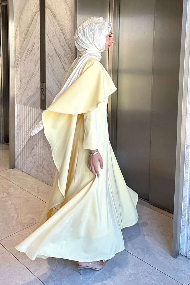 Bellara Taş Detaylı Pelerinli Abiye Elbise - Sarı - HEWES (1)