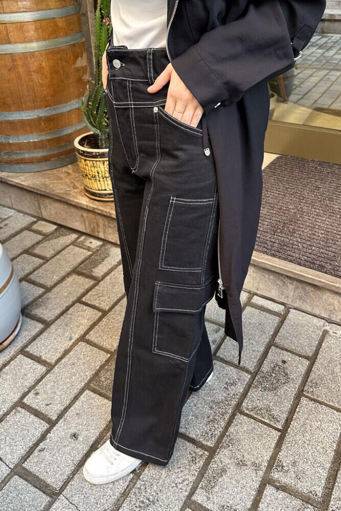 Beyaz Dikişli Kargo Pantolon - Siyah - HENZA (2)