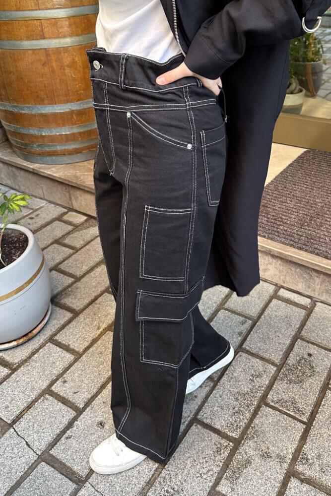 Beyaz Dikişli Kargo Pantolon - Siyah - HENZA (1)