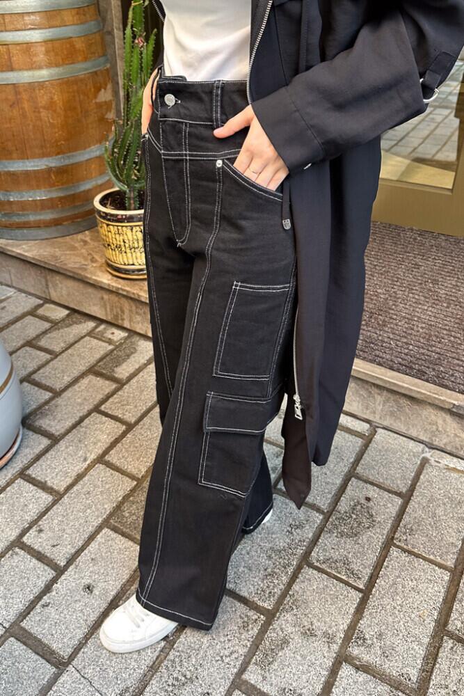 Beyaz Dikişli Kargo Pantolon - Siyah - HENZA (4)