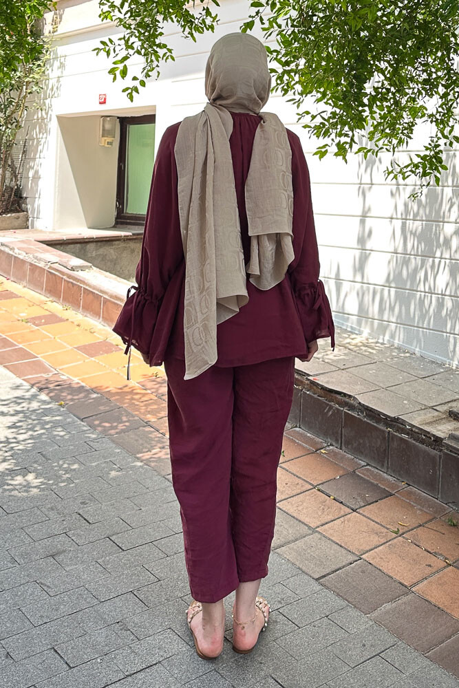 Birit Düğmeli Pamuklu Takım - Bordo - 8