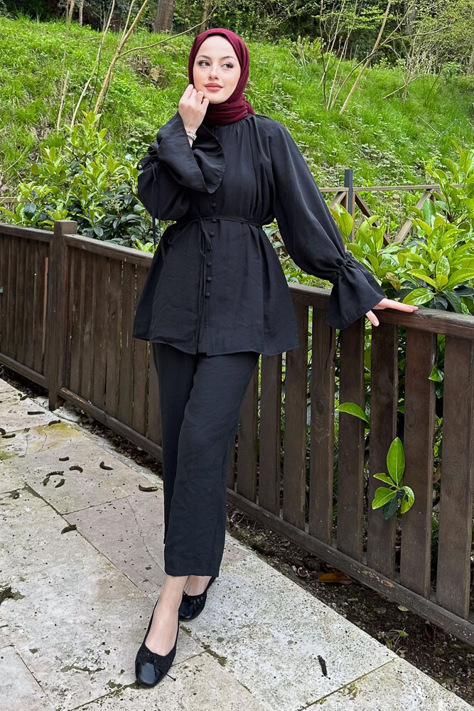 Birit Düğmeli Pamuklu Takım - Siyah 