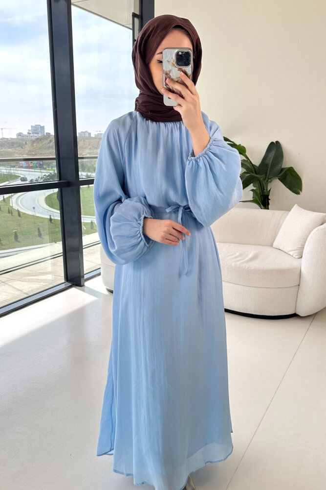 Biye Detaylı Elbise - Mavi - 5