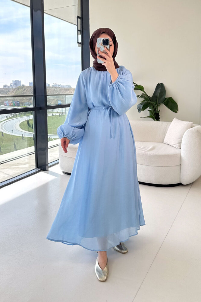 Biye Detaylı Elbise - Mavi - 1