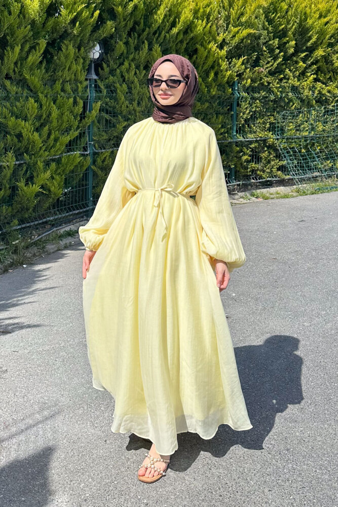 Biye Detaylı Elbise - Sarı - 3