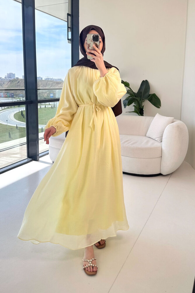 Biye Detaylı Elbise - Sarı - ENMA (1)