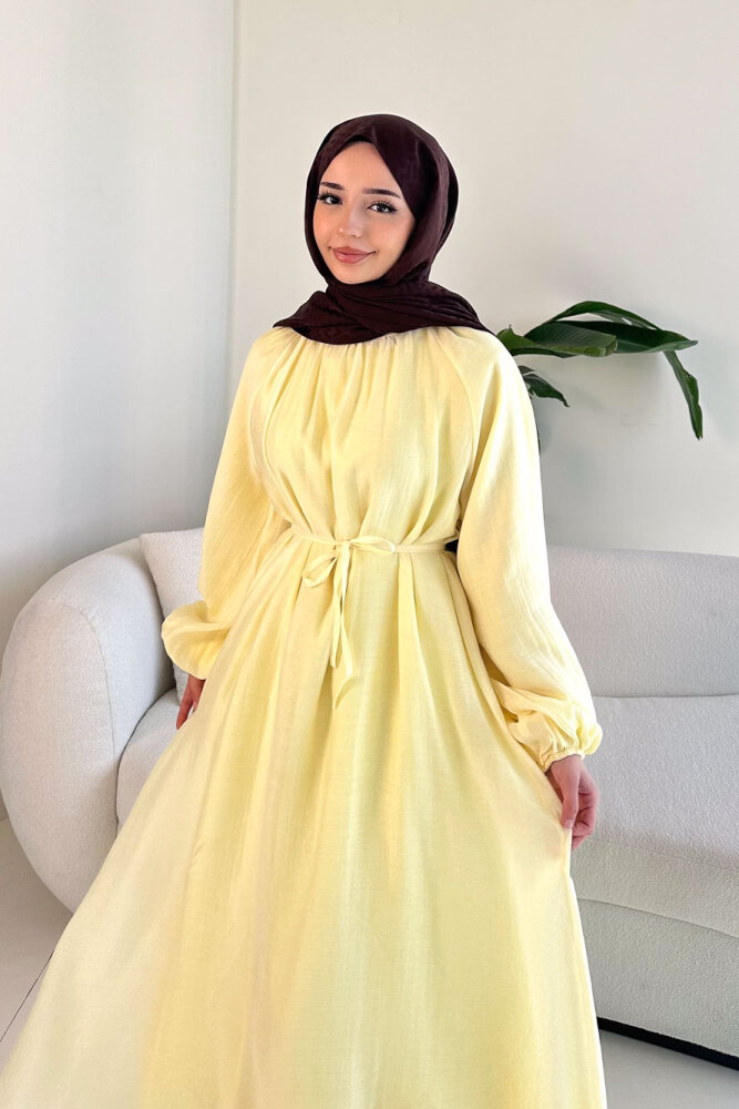 Biye Detaylı Elbise - Sarı - 7