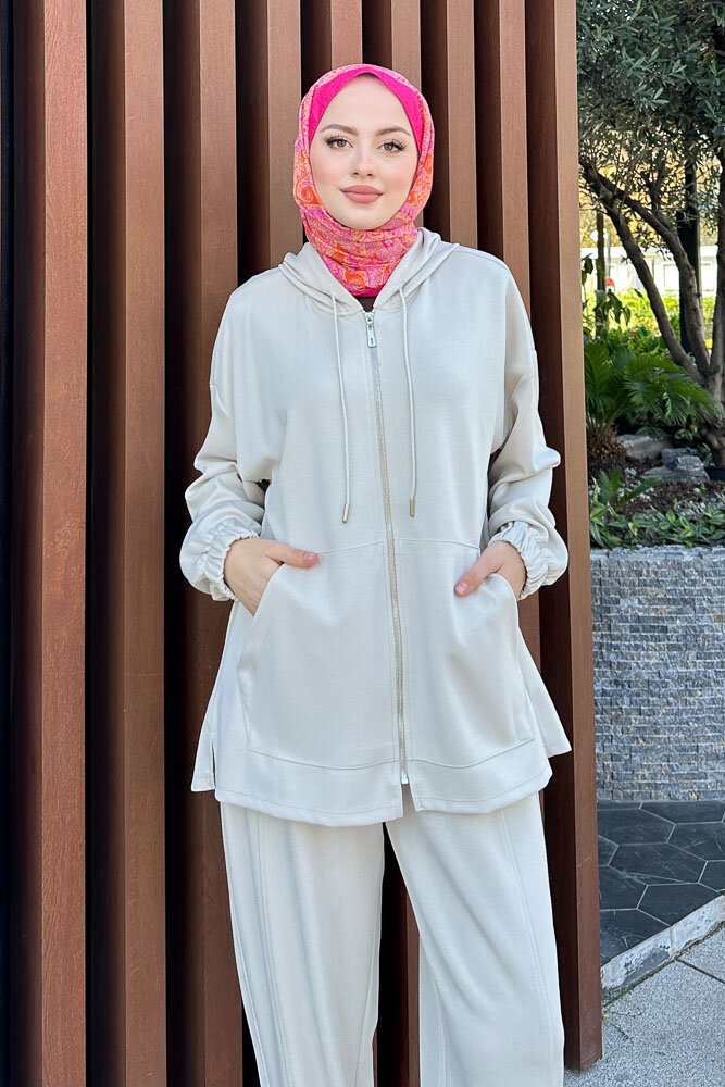 Bombeli Konik Pantolon Takım - Bej - 8