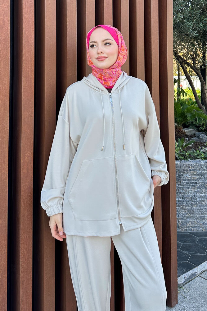 Bombeli Konik Pantolon Takım - Bej - 2