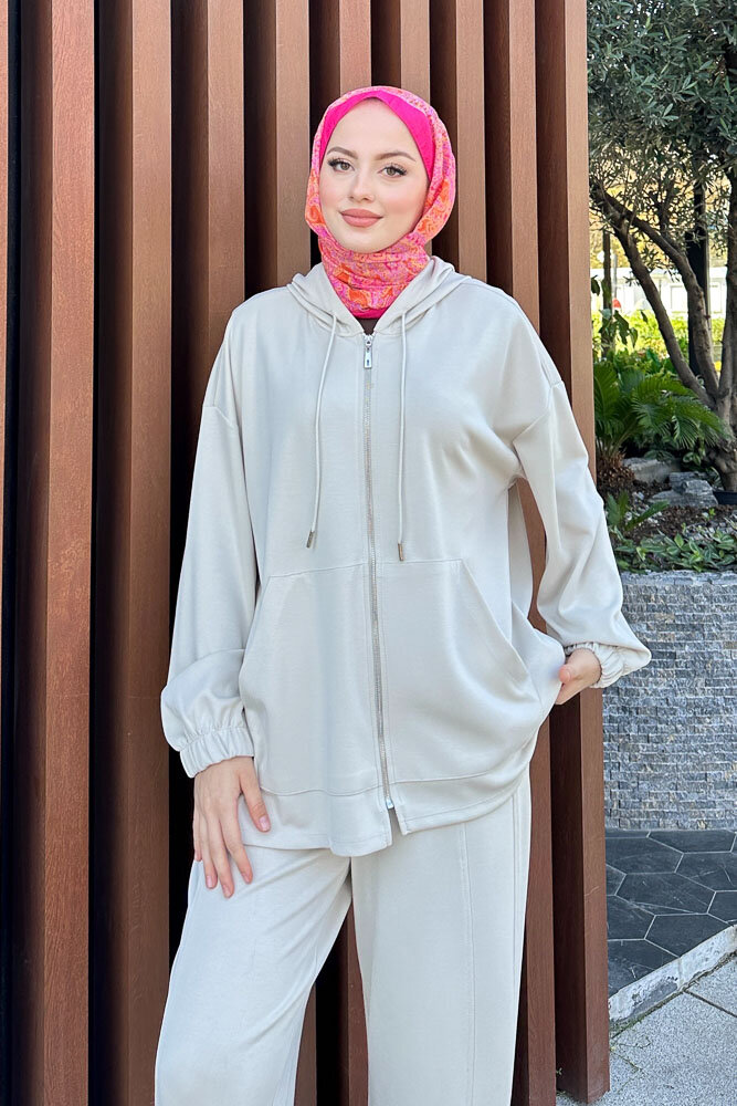 Bombeli Konik Pantolon Takım - Bej - İKOL (5)