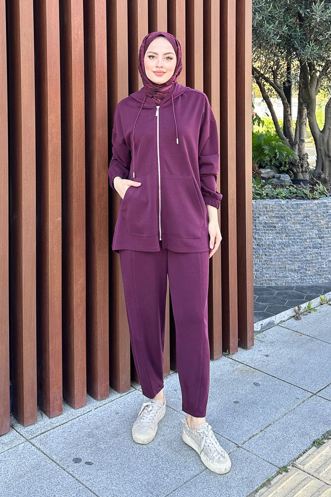 Bombeli Konik Pantolon Takım - Mürdüm - 6