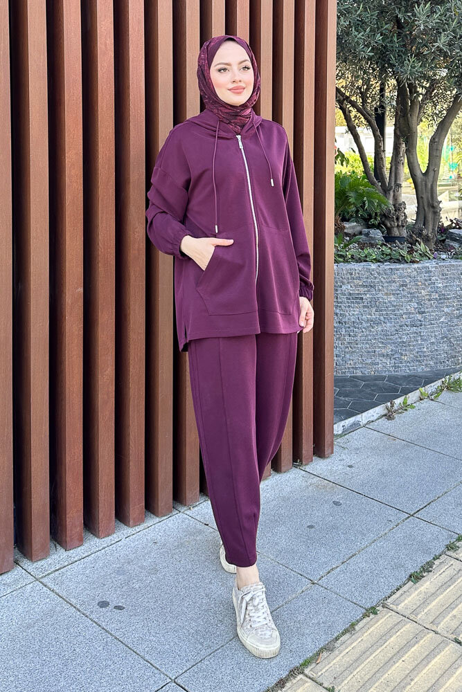 Bombeli Konik Pantolon Takım - Mürdüm - 4