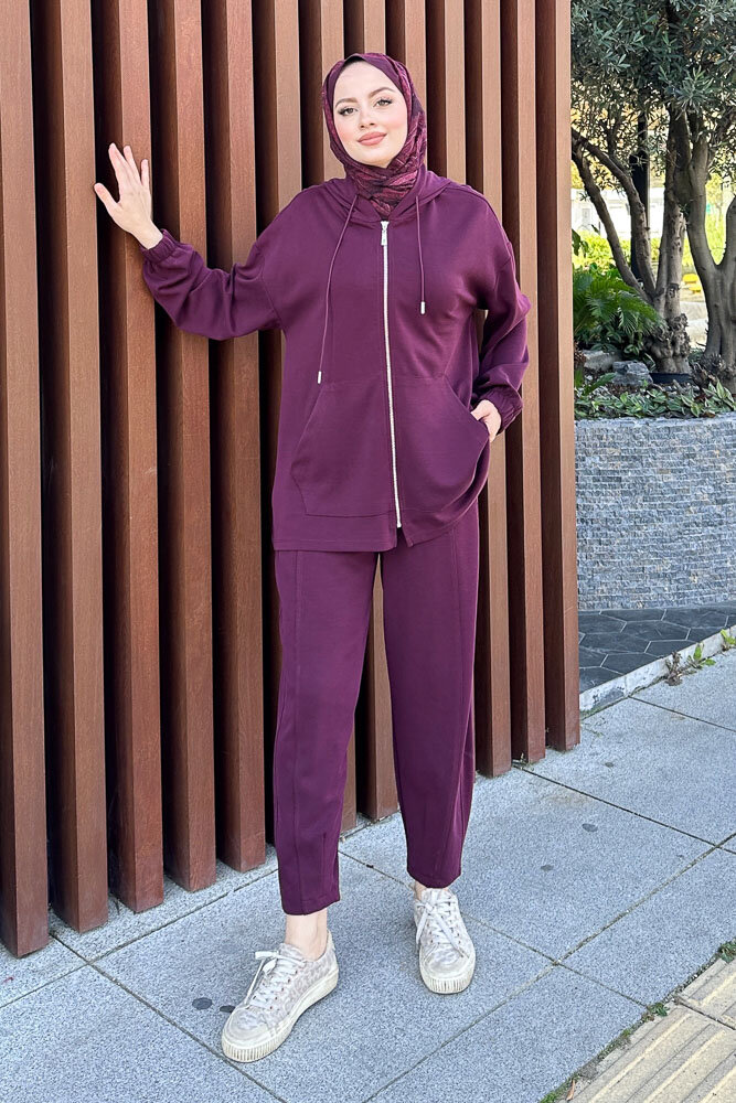 Bombeli Konik Pantolon Takım - Mürdüm 