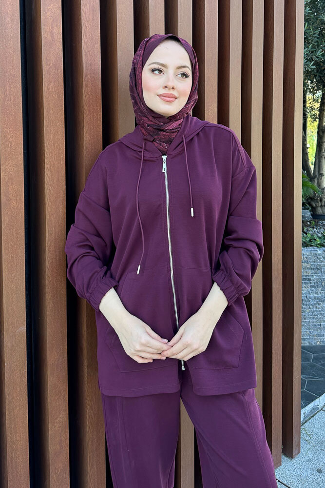 Bombeli Konik Pantolon Takım - Mürdüm - İKOL (1)