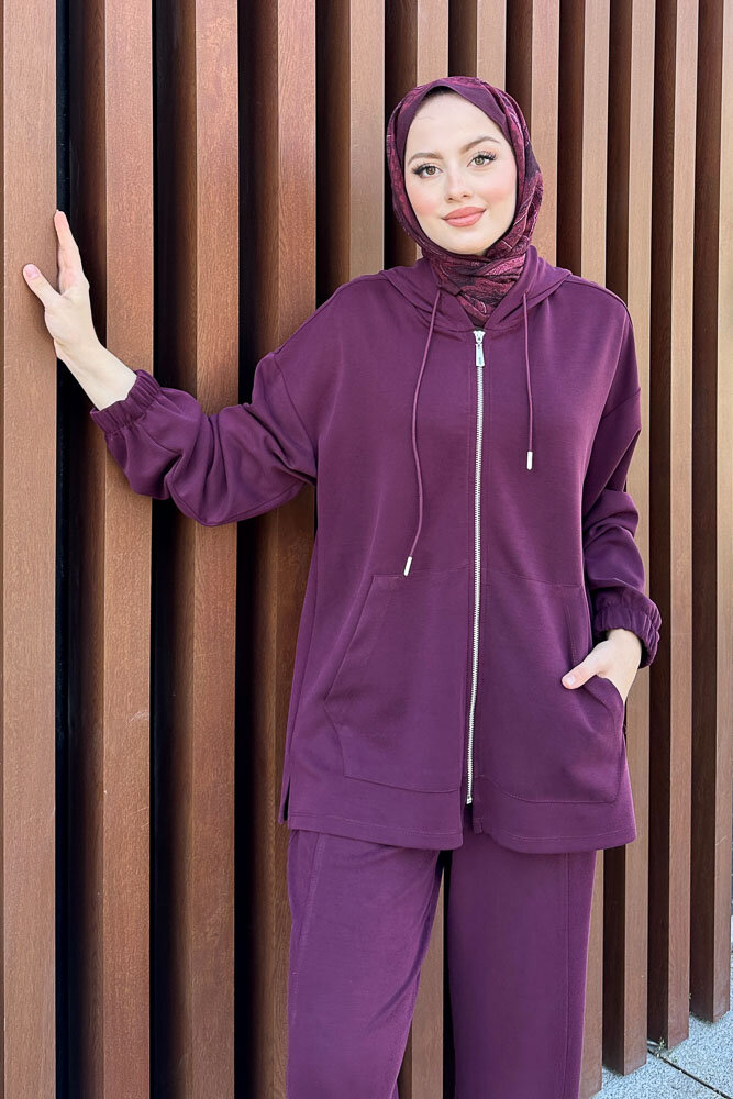 Bombeli Konik Pantolon Takım - Mürdüm - 5