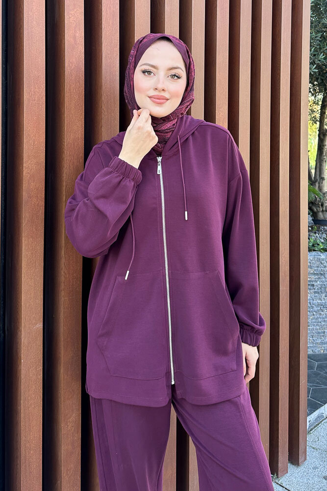 Bombeli Konik Pantolon Takım - Mürdüm - 7