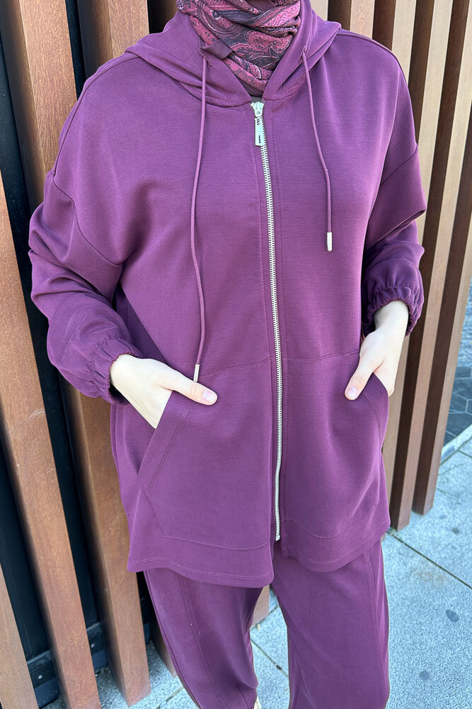 Bombeli Konik Pantolon Takım - Mürdüm - İKOL (2)