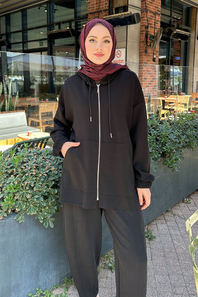 Bombeli Konik Pantolon Takım - Siyah - İKOL (2)