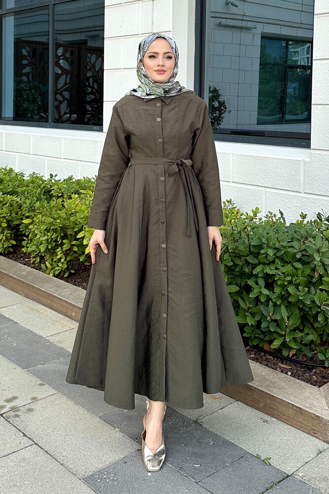 Boydan Düğmeli Elbise - Haki - HEWES (3)