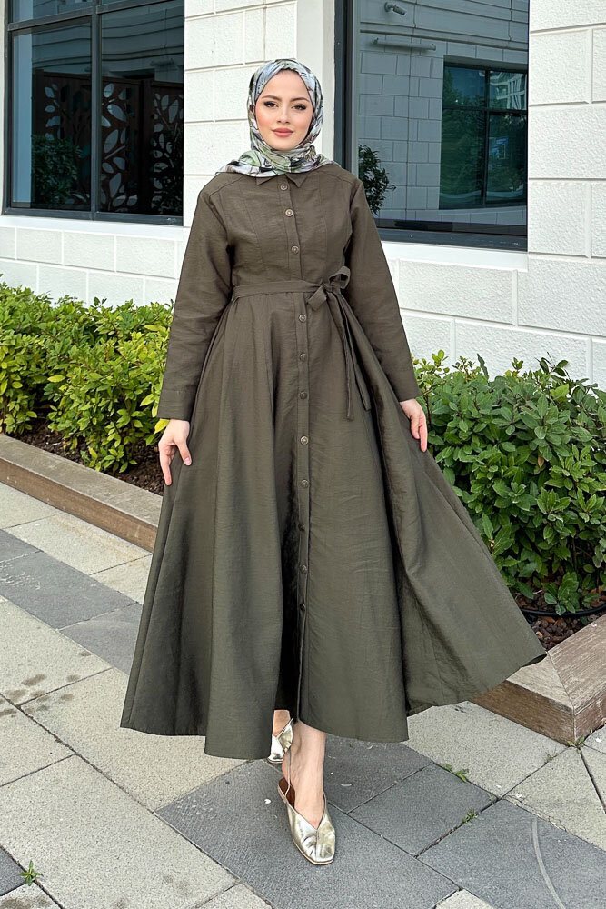 Boydan Düğmeli Elbise - Haki - HEWES (5)