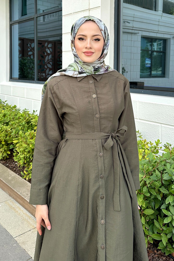 Boydan Düğmeli Elbise - Haki - 5