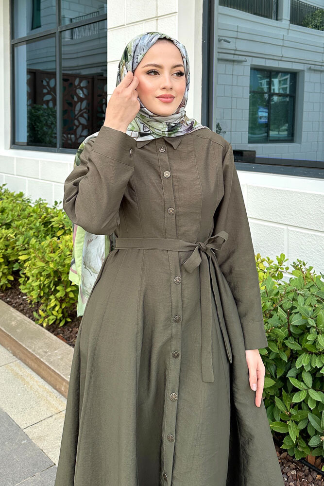 Boydan Düğmeli Elbise - Haki - HEWES (1)