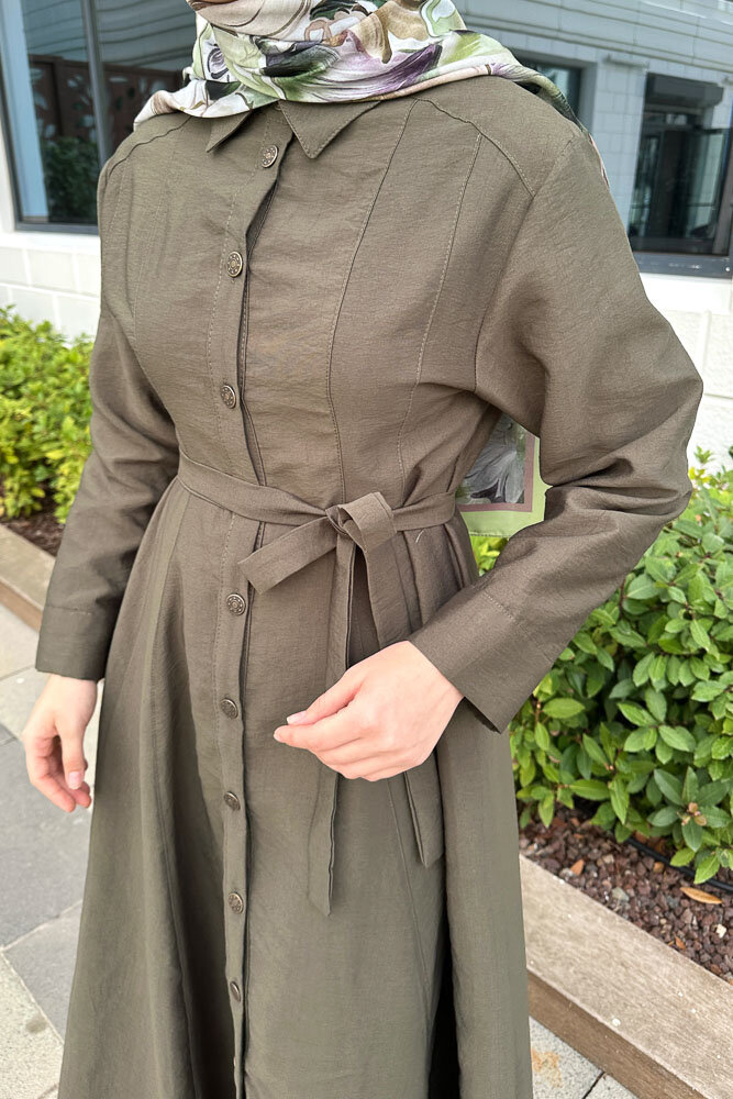 Boydan Düğmeli Elbise - Haki - HEWES (2)