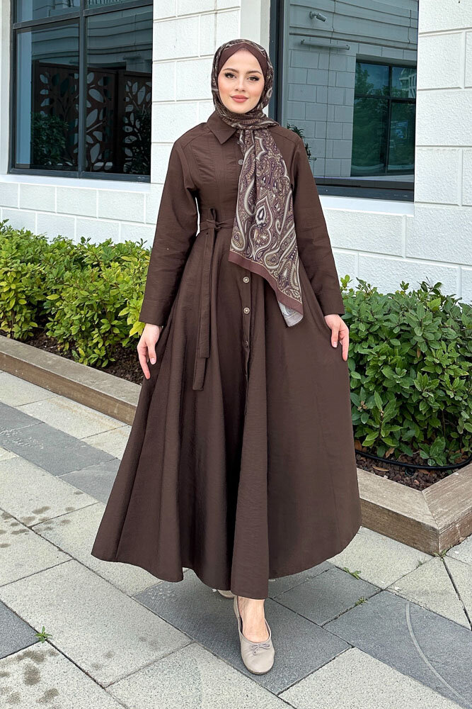 Boydan Düğmeli Elbise - Kahverengi - HEWES (3)