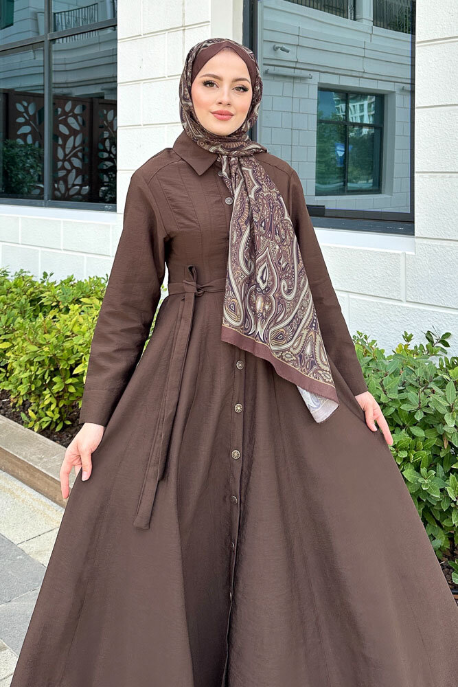 Boydan Düğmeli Elbise - Kahverengi - HEWES (4)