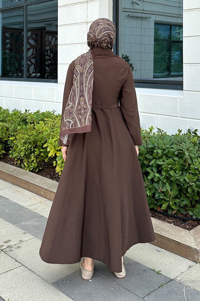 Boydan Düğmeli Elbise - Kahverengi - HEWES (5)