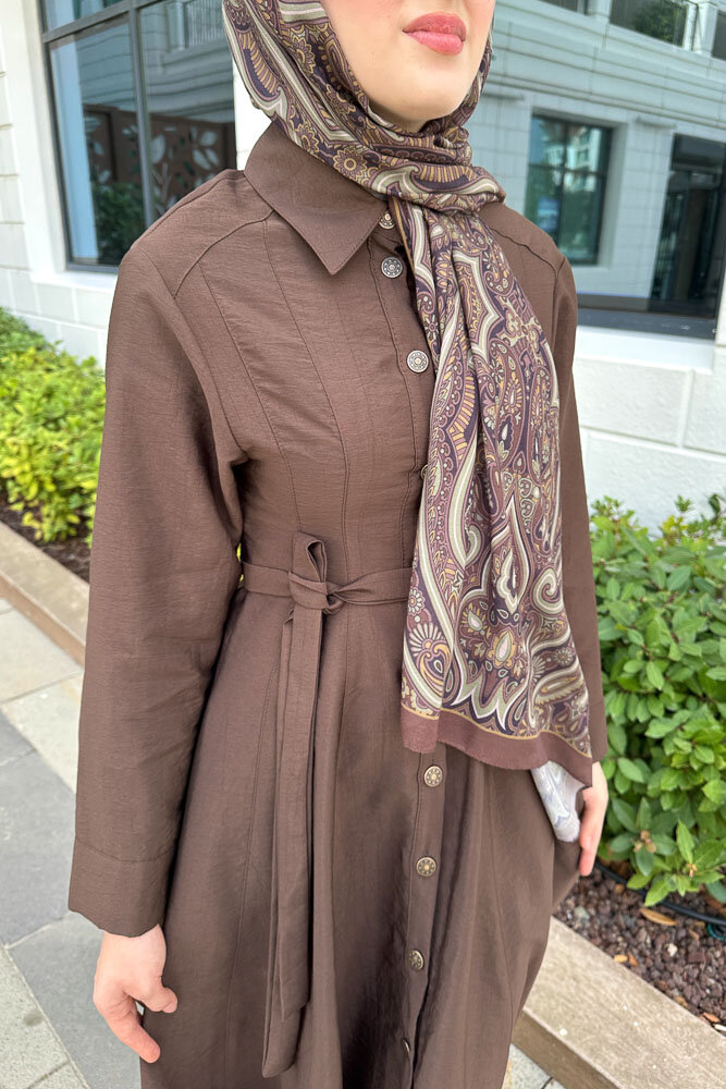 Boydan Düğmeli Elbise - Kahverengi - HEWES (2)