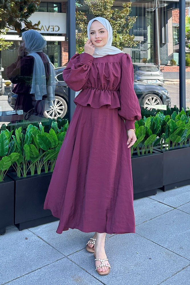 Büzgülü Bluzlu Etek Takım - Bordo - 6