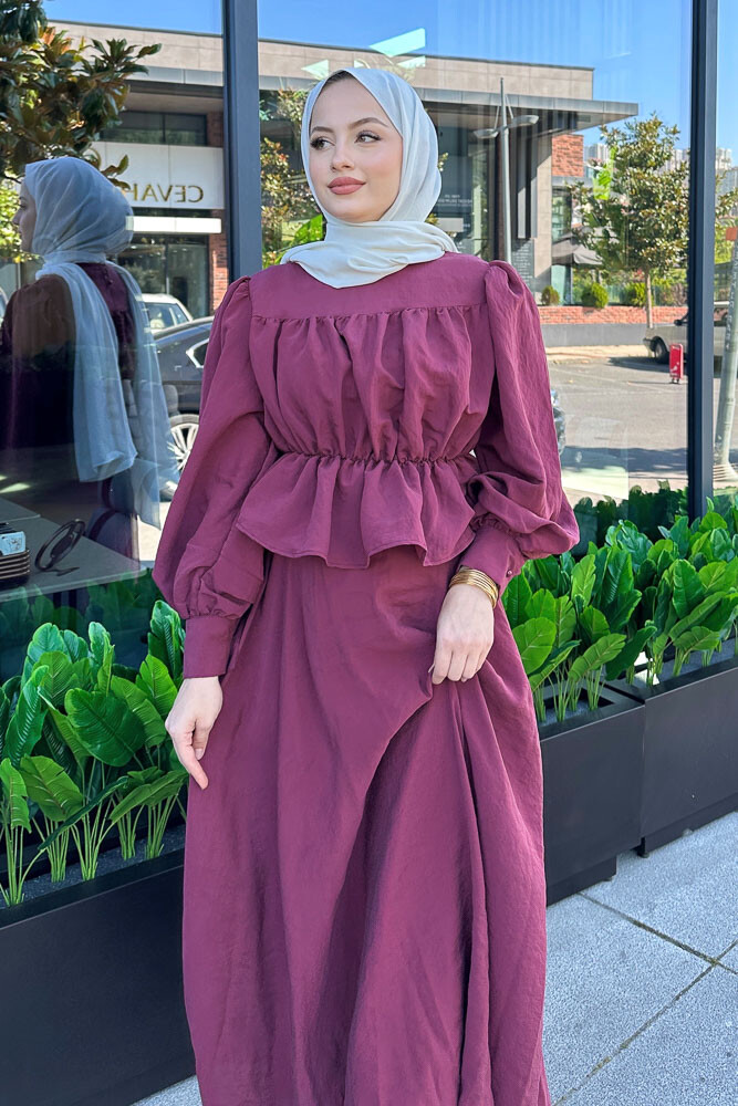 Büzgülü Bluzlu Etek Takım - Bordo - 2