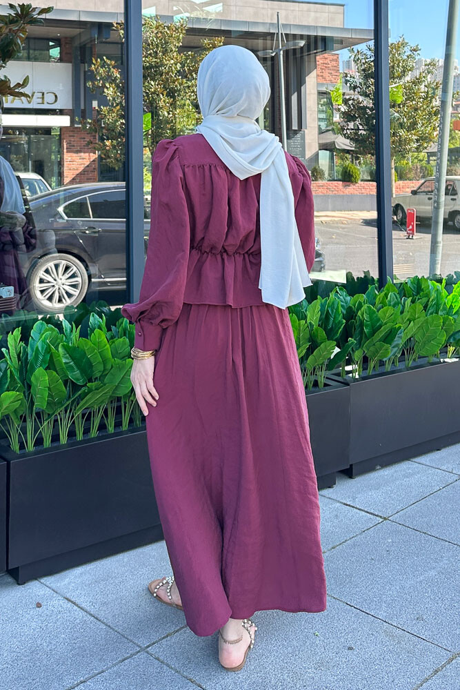 Büzgülü Bluzlu Etek Takım - Bordo - 8