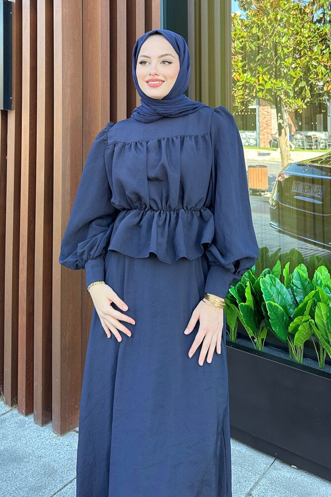 Büzgülü Bluzlu Etek Takım - Lacivert - 2