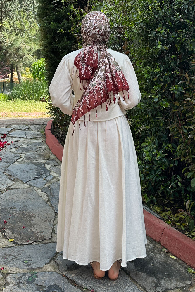 Büzgülü Etekli Keten Takım - Taş Rengi - 8