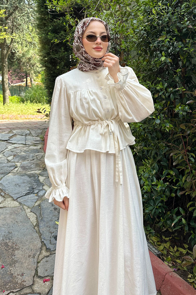 Büzgülü Etekli Keten Takım - Taş Rengi - 2
