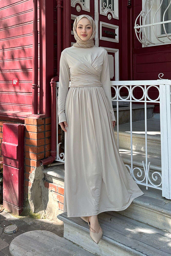 Büzgülü Sandy Elbise - Bej - 5
