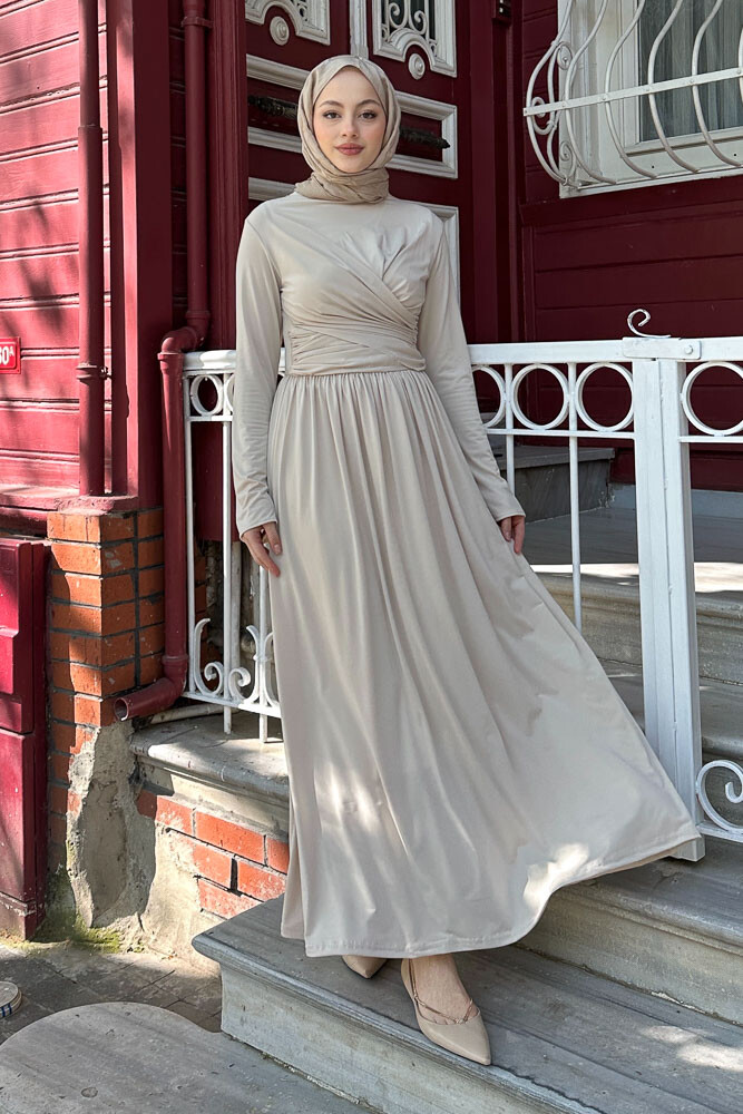 Büzgülü Sandy Elbise - Bej - 6