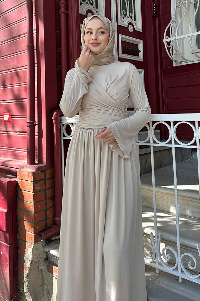 Büzgülü Sandy Elbise - Bej - 7