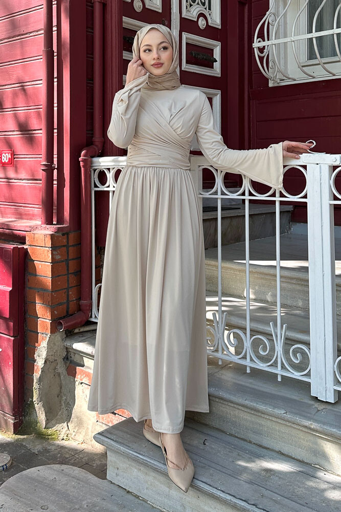 Büzgülü Sandy Elbise - Bej - 2