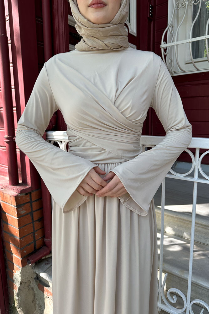 Büzgülü Sandy Elbise - Bej - 3