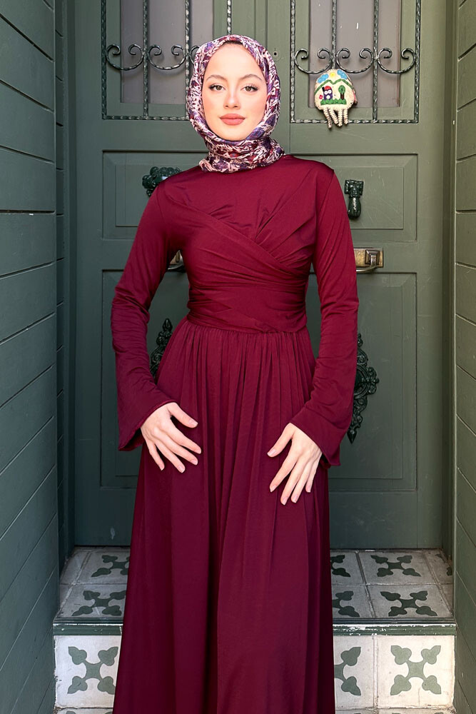 Büzgülü Sandy Elbise - Bordo - 2