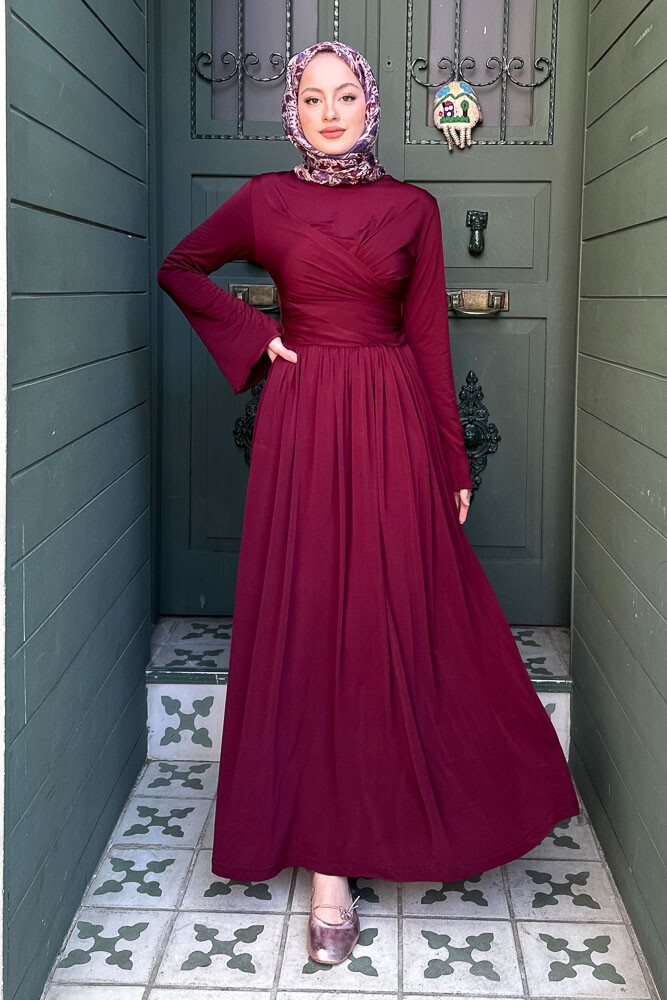Büzgülü Sandy Elbise - Bordo - 1