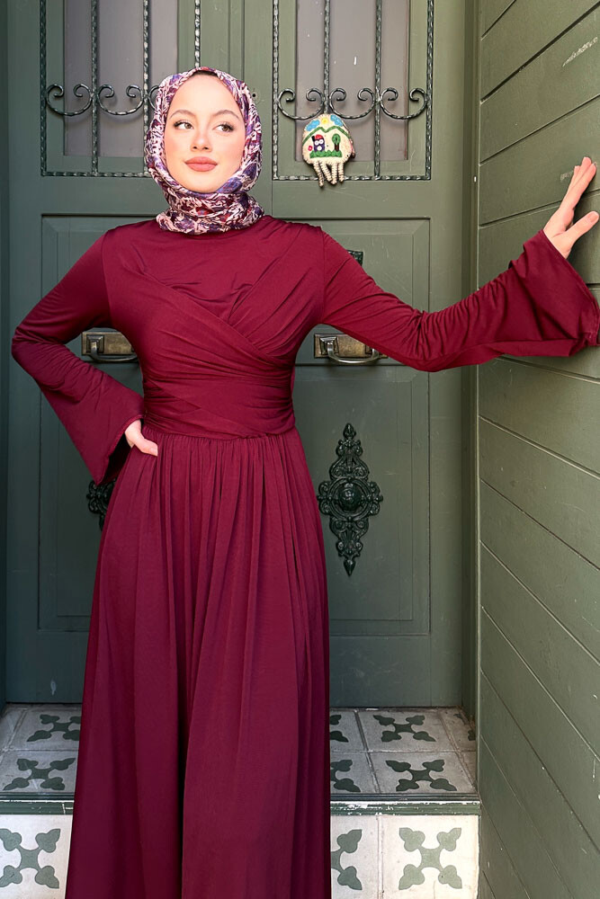 Büzgülü Sandy Elbise - Bordo - 6