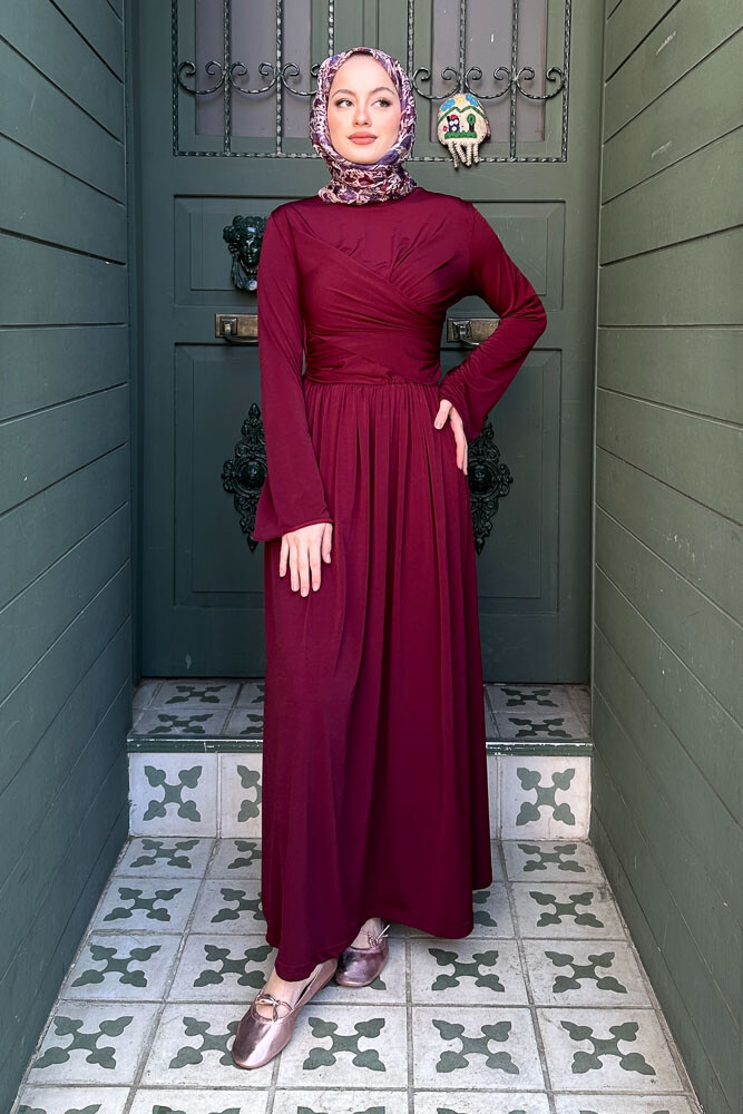 Büzgülü Sandy Elbise - Bordo - 5
